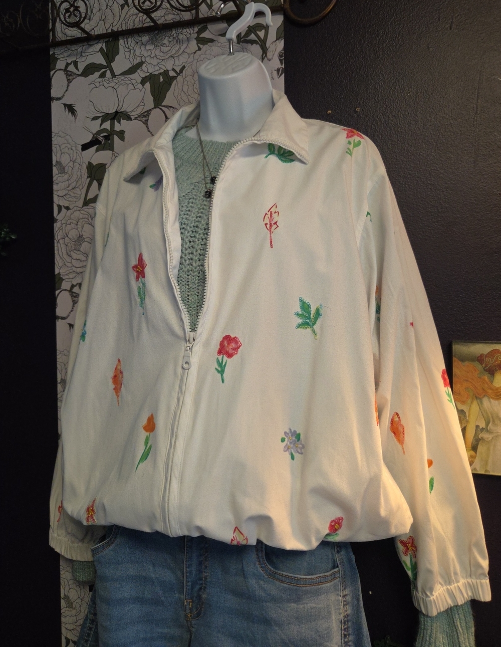 Koret Cream Floral Embroidered Zip Bomber Jacket